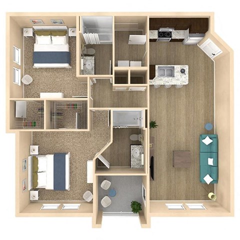 2 bed 2 bath Palm floor plan with 1133 square feet at The Oasis at Crosstown, Orlando, FL, 32807