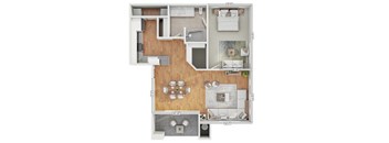 A floor plan of a house with a kitchen, living room, and two bedrooms.
