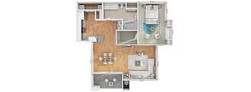 A floor plan of a house with a kitchen, living room, and bathroom.