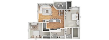 A floor plan of a house with a kitchen, living room, and two bedrooms.