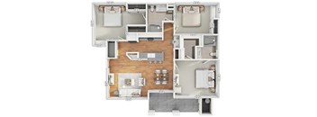 A floor plan of a house with a kitchen, living room, dining room, and two bedrooms.
