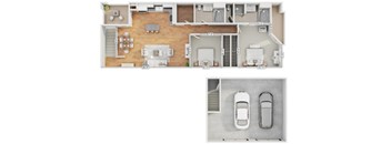 A floor plan of a house with two cars parked in the driveway.
