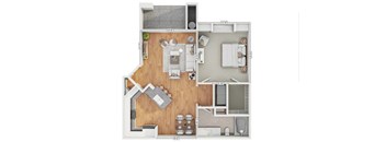 A floor plan of a house with a kitchen, living room, dining room, and bathroom.