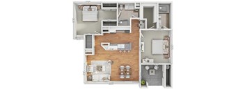 A floor plan of a house with a kitchen, living room, dining room, and two bedrooms.