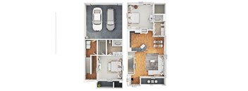 A floor plan of a two-story house with a garage on the first floor and a living area on the second floor.
