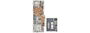 A floor plan of a house with a garage and a car.