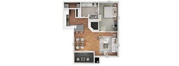 A floor plan of a small apartment with a kitchen, living room, and bathroom.