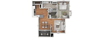 A floor plan of a house with a kitchen, living room, dining room, and bathrooms.