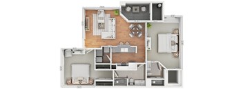 A floor plan of a house with a living room, kitchen, dining room, and bedrooms.