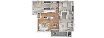 A floor plan of an apartment with a living room, kitchen, and two bedrooms.