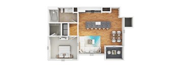 A floor plan of a small apartment with a kitchen, living room, and bathroom.