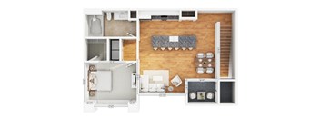 A floor plan of a small apartment with a kitchen, living room, and bathroom.