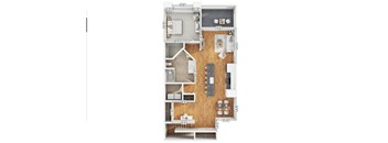 A floor plan of a house with a kitchen, living room, and two bedrooms.