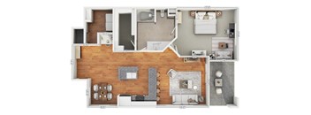 A floor plan of a house with a living room, dining room, kitchen, and bathrooms.