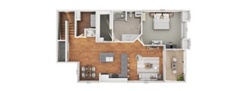 A top-down view of a house floor plan with a living room, kitchen, and dining area.