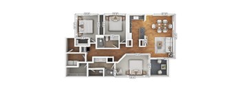 A detailed 3D floor plan of an apartment layout.