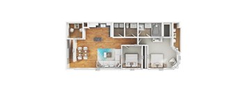 A floor plan of a house with three bedrooms and a living room.