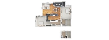 A floor plan of a house with a living room, kitchen, and two bedrooms.