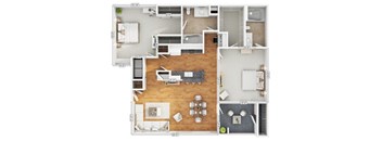 A floor plan of a house with a living room, dining room, kitchen, and two bedrooms.