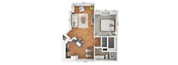 A floor plan of a two-bedroom apartment with a living room, kitchen, and bathroom.