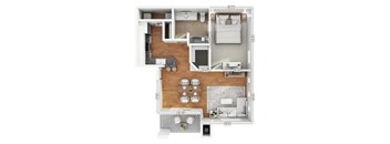 A floor plan of a small apartment with a kitchen, living room, and bathroom.