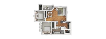 A floor plan of a house with a living room, dining room, kitchen, and two bedrooms.