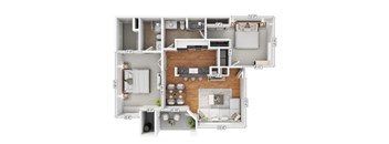 A floor plan of a house with a living room, kitchen, and two bedrooms.