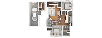 A detailed 3D floor plan of a house showing all rooms and their dimensions.