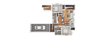 A floor plan of a house with a garage and a car.