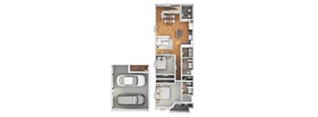 A floor plan of a house with two garages.