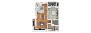A floor plan of a small apartment with a kitchen, living room, and bathroom.