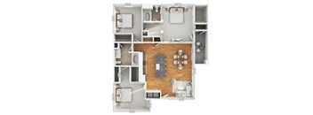 A floor plan of an apartment with a living room, kitchen, and two bedrooms.