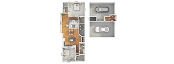 A floor plan of a two-story residential building with a garage on the second floor.