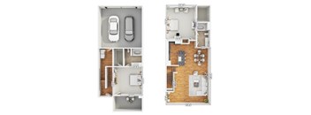 A floor plan of a two-story apartment with a garage on the first floor and a living area on the second floor.