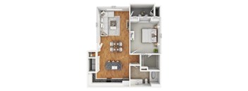 A floor plan of a small apartment with a kitchen, living room, and bathroom.