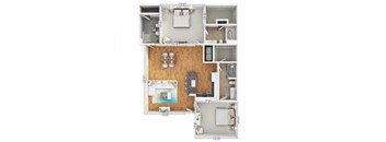 A floor plan of a house with a kitchen, living room, dining room, and two bedrooms.