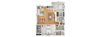 A floor plan of a two-story apartment with a living room, kitchen, dining room, and bedrooms.