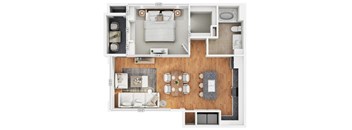 A floor plan of a two-bedroom apartment with a living room, kitchen, and bathroom.