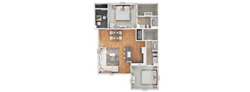 A floor plan of a house with a living room, dining room, kitchen, and two bedrooms.