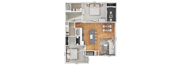A floor plan of a house with a kitchen, living room, and two bedrooms.