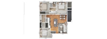 A floor plan of an apartment with two bedrooms, two bathrooms, a living room, a kitchen, and a dining area.