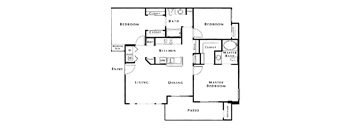 a floor plan of a house with bedrooms and baths and a courtyard