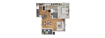 A floor plan of a house with a kitchen, living room, dining room, and bathrooms.