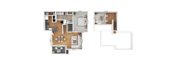 A floor plan of a two-story apartment with a living room, dining room, kitchen, and bedrooms.