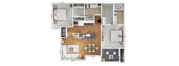 A floor plan of an apartment with a living room, kitchen, dining room, and bedrooms.