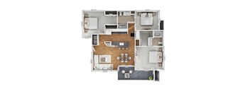 A floor plan of an apartment with a living room, dining room, kitchen, and two bedrooms.