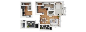 A floor plan of a house with a living room, kitchen, and two bedrooms.