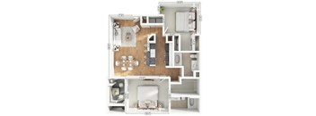 A floor plan of a two-story apartment with a living room, kitchen, and bedrooms.