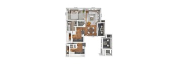 A floor plan of a two-bedroom apartment with a living room, kitchen, and bathroom.
