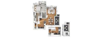 A floor plan of an apartment with a kitchen, living room, and two bedrooms.